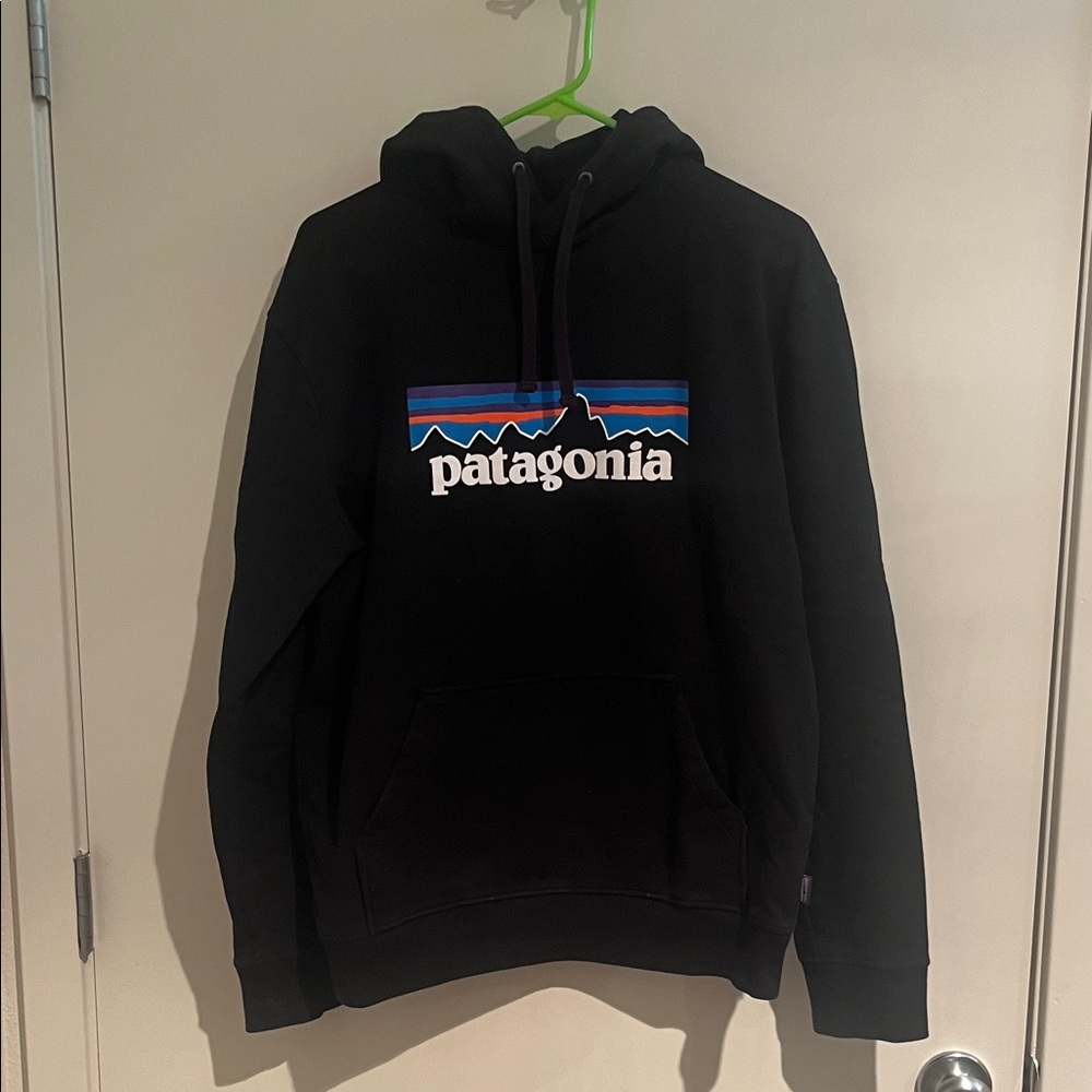 Patagonia Black Hoodie with Blue and Red Accents